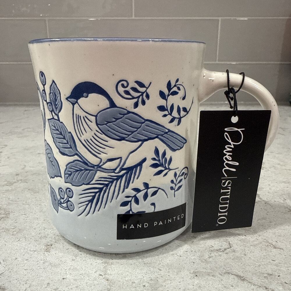 BLUE BIRD 21oz Ceramic Mug Hand Painted Blue & White by DWELL STUDIO - NEW
